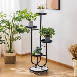 CHPHI Plant Stand Indoor 4-Tier Wrought Iron , Tall Metal Plant Shelf for Multiple, Metal Plant Stand with Wheels and 4 Trays, Double U-Shape Plant Rack for Home, Living Room, Patio, Bedroom(Black)
