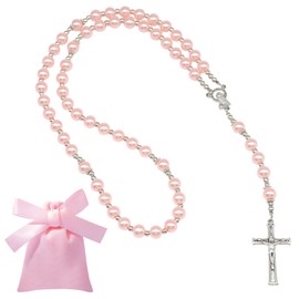 Giugio Rosary Natural Stones, Rosary Chain, Catholic Rosary, Communion Rosary with Retro Cross, Rosary for Christening, Communion, Wedding, Communion Party Favours (Pink), Acrylic