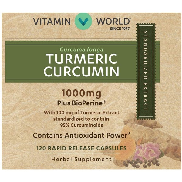 Vitamin World Turmeric Curcumin 1000mg 120 Capsules, with BioPerine Black Pepper Extract, Standardized 95% Curcuminoids, Gluten Free, Rapid-Release, Anti-inflammatory, Antioxidant, Joint Support
