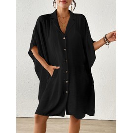 Bsubseach Swimsuit Coverup for Women Lapel Collar Bathing Suit Cover Up for Swimwear Button Down Beach Shirt Dresses Black M