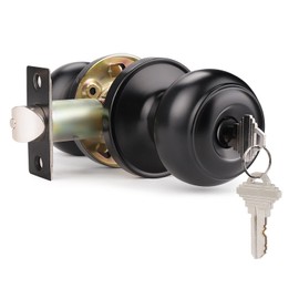 Probrico Keyed Entry Door Knob with Lock, Interior Exterior Door Lock Black Finished, Colonial Doorknob, 4 Pack