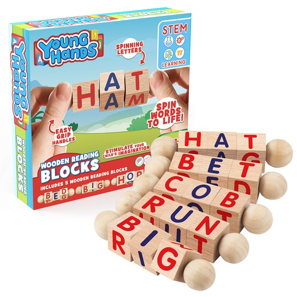 Wooden Reading Blocks | [5] Sets of Fun, Educational Spinning Alphabet Manipulative Blocks for Children w/ Easy-Grip Handles | STEM & Montessori Approved Toy for Pre-Kindergarten Boys & Girls Gift