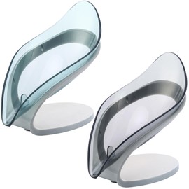 H&W 2Pcs Self Draining Soap Holder,Suction Cup Soap Dish,Shower Soap Bar Holder,Leaf Shape Soap Holder,Soap Dish Dispenser for Shower, Bathroom, Kitchen Sink (Grey + Blue)