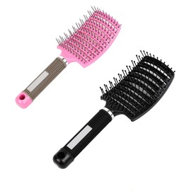 Curved Vented Styling Hair Brush, 2PCS Anti Frizz Hair Detangling Brush, Vent Hair Brush, Curved Anti Static Styling Tool for Wet Hair or Dry Hair (Black,Pink)