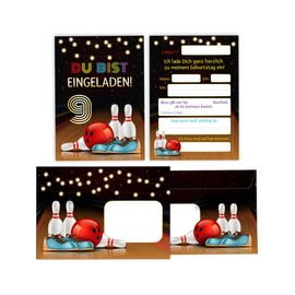 Minkocards 12 Invitation Cards for 9th Children's Birthday Party Bowling Girls Boys Invitations Ninth Birthday Includes 12 Envelopes, 12 Party Bags / Natural, 12 Stickers Invitation Set