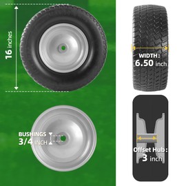 AR-PRO (2-Pack) 16x6.50-8 Flat-Free Tire and Wheel Assemblies, Relacement 16x6.5-8 Solid Turf Tire with Rim for Garden Tractor Riding Lawn Mowers, 3" Offset Hub and 3/4" Bushings