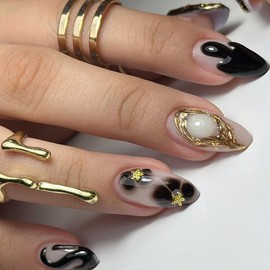 24 Pcs Press on Nails Short Almond Nail Tips,YEFIUO Floral Fake Nails Press ons Glue on Nails Acrylic Nail Art Kit Full Cover Reusable False Nails with Black Flowers French Gilded Design for Ma'am