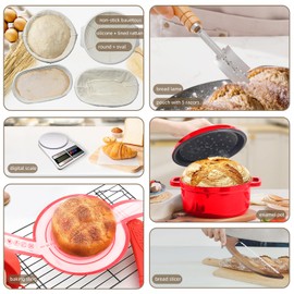 4 Color Complete sourdough bread makin Starter Kit,Sourdough Bread Baking Supplies for Beginner with Pot, Banneton Bread Proofing Baskets, Starter Jar, Scraper, Bread Making Tools & More (Red)