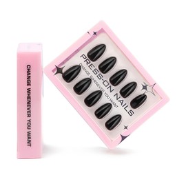 Black Press on Nails | Short Almond Fake Nails,Solid Color Acrylic Nails, Full Cover Glossy Glue on Nails,Reusable False Nails,Suitable for Women 15 Sizes -30Pcs (with glue)