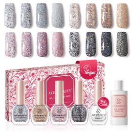 AZUREBEAUTY Vegan Nail Polish Set, 4 Colors Dazzling Gold Silver Pink Quick Dry Natural Nail with Top Coat & Nail Polish Remover,Professional for Nail Art DIY Manicure and Pedicure at Home