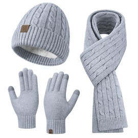 Warmiehomy Winter Hat Beanie Scarf Touchscreen Gloves Set for Women, 3 in 1 Set with Soft Thick Knit Warm Long Neck Scarves Cap Gloves（Light Grey）