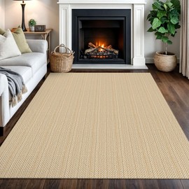 IOHOUZE Washable Area Rug 5x7 Non Slip Rubber Backed Rugs for Living Room, Dining Room Rugs Bedroom Rug, Woven Indoor Floor Carpet for Living Room Nursery, Warm Beige/Light Tan/Soft Off-White