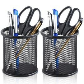Portalápices de malla metálica para lápices para escritorio, escuela (Negro, Redondo 10 * 9cm)