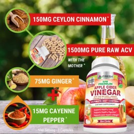 Apple Cider Vinegar Capsules with The Mother 1500mg – Plus Ceylon Cinnamon, Ginger & Cayenne – Detox, Digestion & Metabolism Support – 120 Capsules