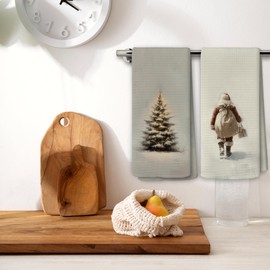 BCUANGD Vintage Christmas Kitchen Towels Decor Set of 2 - Retro Xmas Holiday Hand Tea Towels, Rustic Neutral Antique Christmas Tree Snowman Dish Towel Dishcloths Decorations for Home Kitchen, 16"x24"