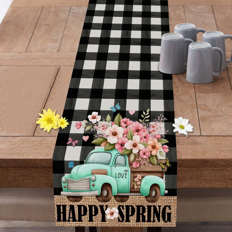 Spring Table Runner, Buffalo Plaid Truck Flowers Happy Easter Table