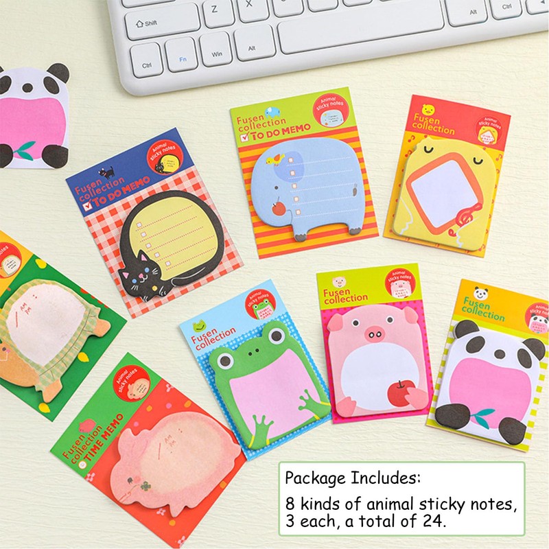 24 Pack Sticky Notes, Cute Sticky Notes Set, Cartoon Animals