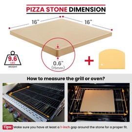 Unicook 16" x 16" Square Pizza Stone for Grill and Oven, Large Cordierite Bread Baking Stone for Crispy Crust Pizzas, Bread and Cookies, Includes Dough Scraper