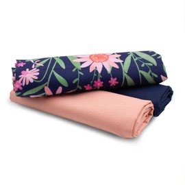 VmG-Store 1.5 m Cotton Fabric Set Design Fabric + 2 x Plain Colour Coordinated 100% Cotton Material Selection (Meadow Flowers Navy Set53)