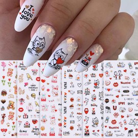 6PCS Valentine's Day Nail Art Stickers Decals Red Heart Nail Decals Cute Cartoon Bunny Cat Heart Valentine's Nails Adhesive Sticker Lip Print Bear Rose Valentine's Manicure Supply for Nail Art Decor