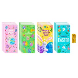 Jagrove Cellophane Treat Bags with Gold Twist Ties 100 Pieces Bunny Chick Eggs Print Plastic Bags Goodie Cookies Candy Bread Gift Bags for Easter Party Supplies