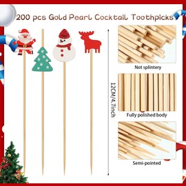 200 Pcs Christmas Cocktail Picks Decoration,Xmas Tree Snowman Santa Claus Elk Shape Fruit Food Picks Bamboo Christmas Toothpicks for Appetizers Holiday Decoration Party Supplies (Xmas)