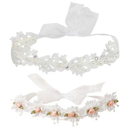 Jawfait 2 Pack 18-20in Elegant White Flower Christening Headbands for Baby Girl, Elastic Soft Lace with Cute Tulle Pearl Hair Strap (Snow Tooth Rose)