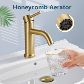 Aolemi Single Handle Bathroom Faucet Single Hole Bathroom Faucets for 1 Hole Sink,Modern Vanity Faucet Lavatory Basin with Supply Line(No Drain),Curved Spout,Brushed Gold