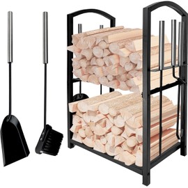 heyfurni Firewood Rack Indoor with 4pcs Fireplace Tools Set,Iron Wood Rack for Firewood Storage,Log Holder for Outdoor Fire Pit and Wood Stove with Poker,Brush,Shovel,Tongs,Black,45x30x74.5cm