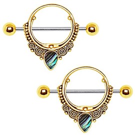 Cocobul Body Jewelry Pair of Gold Plated Ornate Nipple Shield with Tear Drop Abalone 14 Gauge 1"
