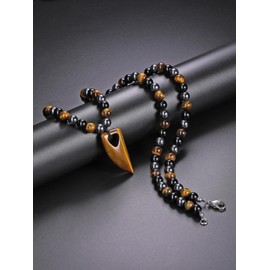 PiercingJak Men's Necklace Gemstones Wolf Tooth Crystal Sharpener Pendant with 8 mm Tiger's Eye Obsidian Hematite Beads Chain Crystal Necklace Healing Stones Jewellery Amulet Gift for Men, Gemstone