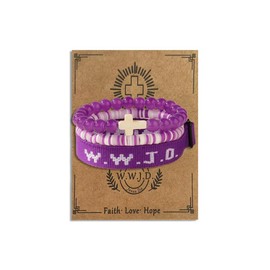 twinkle eye WWJD Bracelets Set WWJD Wristbands Christian Cross Bracelet Stackable Clay Bead Bracelets Stretch Glass Beaded Inspirational Christian Jewelry Gift for Couples Women Men-Purple