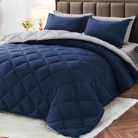 MUXHOMO 7 Pieces Full Comforter Set, Reversible Bed in a Bag Full Size, All Season Bedding Set with Comforter, Flat Sheet, Fitted Sheet, Pillowcases & Shams, Navy & Light Grey