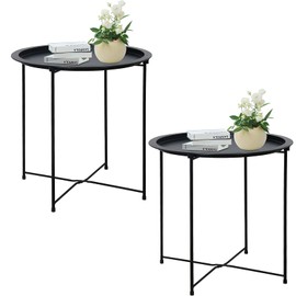 Garden 4 you End Table 2 PCS Metal Side Table Black Round Folding Tray Cyan Sofa Small Accent Fold-able Table, Round End Table Tray, Next to Sofa Table, Snack Table for Living Room and Bed Room