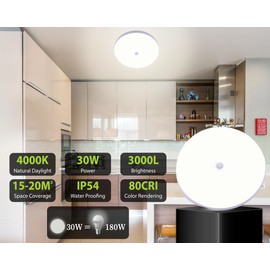 MASLED 25cm 30W IP54 Motion Sensor Lights Indoor Ceiling | Moistureproof, 3000LM, Upto 20m2, 4000K Natural Daylight, Wired 220AC | Bathroom, Toilet, Balcony, Garage etc. (ROUND-4000K, 25CM-30W)