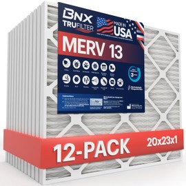 BNX TruFilter 20x23x1 Air Filter MERV 13 (12-Pack) - MADE IN USA - Electrostatic Pleated Air Conditioner HVAC AC Furnace Filters for Allergies, Pollen, Mold, Bacteria, Smoke, Allergen, MPR 1900 FPR 10
