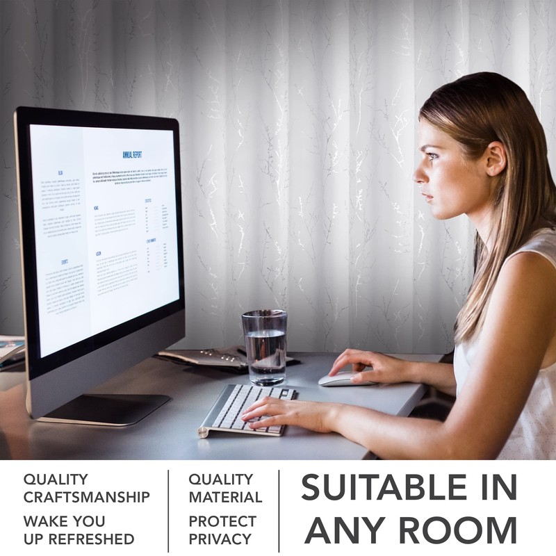 Deconovo Blackout Grommet Silver Pattern Printed Curtains, Greyish White/Silver Tree