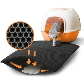 Leo's Paw Waterproof Cat Litter Mat, Unique Double-Layer Honeycomb Trapping Mat, Prevents Spreading, Dump Back For Re-use, Odor-resistant, Urine Proof, Non-slip Bottom, BPA-free (L (22 x 28"), Grey)