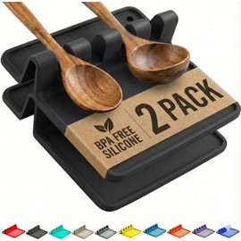 Soporte de cuchara de silicona negra para la parte superior de la estufa con almohadilla de goteo (paquete de dos) - Soporte para utensilios y cuchara resistente al calor, sin BPA para encimera de cocina - Soporte para utensilios de parrilla para espátula