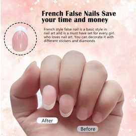 French Press On Nails, Short Almond, Full Cover Nail Tips, Short for Gel Nails, Fingernails, Fake Nails, Acrylic Nail Tips, Nails (White Arc Round French, Pack of 24)