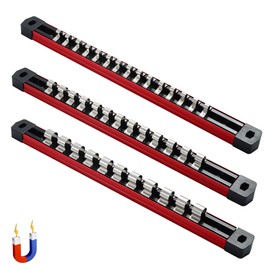 ALOANES 3-Piece Magnetic Socket Organizer, Heavy Duty Aluminum Socket Rails Organizer, Socket Rail Holder for Tool Box, 1/2, 3/8, 1/4-Inch Socket Holder x 39 Stainless Clips (Red)