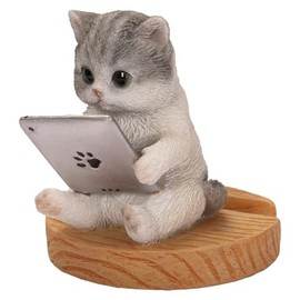 Uvia H22329-1 Sabatra White Cat Looking at Tablet, Smartphone Stand, 3.5 x 3.0 x 3.1 inches (9 x 7.5 x 8 cm), Doll, Figure, Figure, Animal, Garden, Decoration, Cat