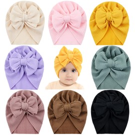 inSowni 8 Pieces Soft Stretchy Baby Turban Hats with Kontted Big Bow Newborn Nursery Hospital Caps Bonnets Beanies Headwraps for Baby Girls Boys Infants Toddlers
