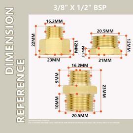 Bwintech 6 Pieces 3/8 Inch to 1/2 Inch Internal and External Thread BSP Thread Brass Hex Nipple & Hex Reducer & Hex Socket Connector for Pipe Connection Conversion