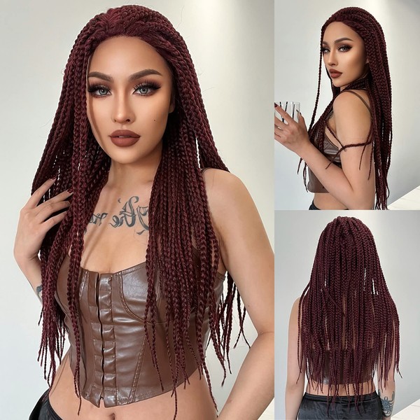 Ebingoo 30 In Wine Red Braided Wig Lace Front Wig for Black Women +Wig Cap Long Black Lace Front Wig African American Box Braided Afro Braided Lace Front Wigs Braids Synthetic Wig for Daily Wear Party