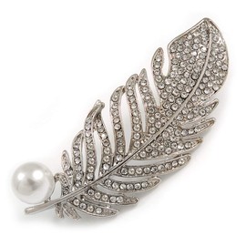 Clear Crystal White Pearl Feather Brooch/Pendant In Silver Tone - 65mm Long