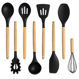 Socisen Cooking Utensils Set, 8 pcs Yellow Kitchen Non-Stick Silicone Cooking Kitchen Utensils Spatula Set with Holder, Wooden Handle Silicone Kitchen Gadgets Utensil Set