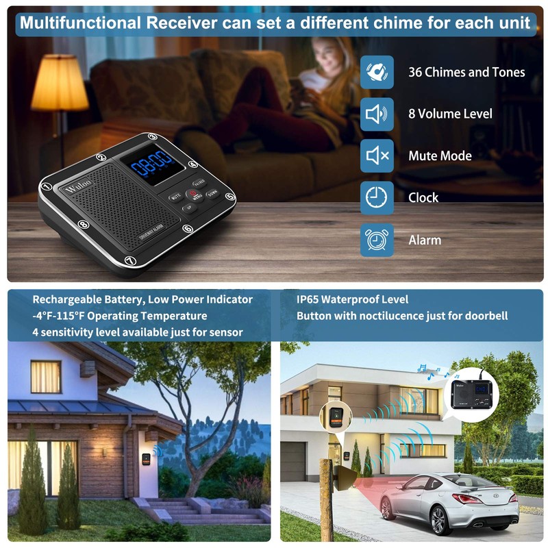 Wuloo Wireless Doorbells for Home, Solar Driveway Alarm, Multifunctional Wireless
