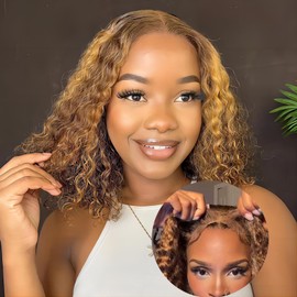 ISEE Wear and Go Glueless Wigs Bob Water Wave Human Hair Pre Plucked Pre Cut Ombre Highlight Bob Wig Human Hair for Women 180% Density Ready to Wear for Beginners 16 Inch