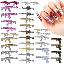 editTime 36pcs Metal Alloy 3D Luxury Nail Charms Kit Rose Red Gold Silver Y2K Cool Punk Style Gun Shape Shiny Nail Jewelry Gems Charms Nails Decoration for Women and Girls (kit2-36pcs)